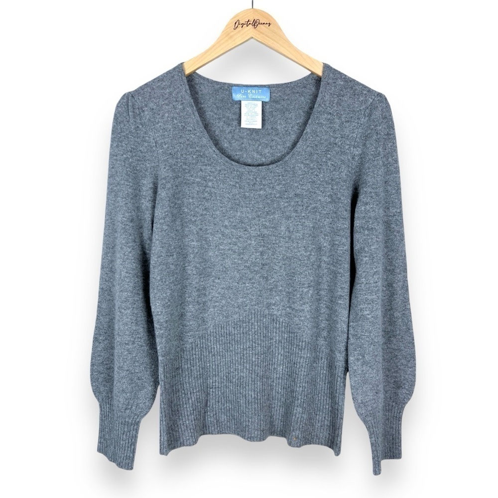 100% Cashmere Puff Sleeve Sweater Flannel Grey L Soft EUC Fitted Gray Quiet Lux